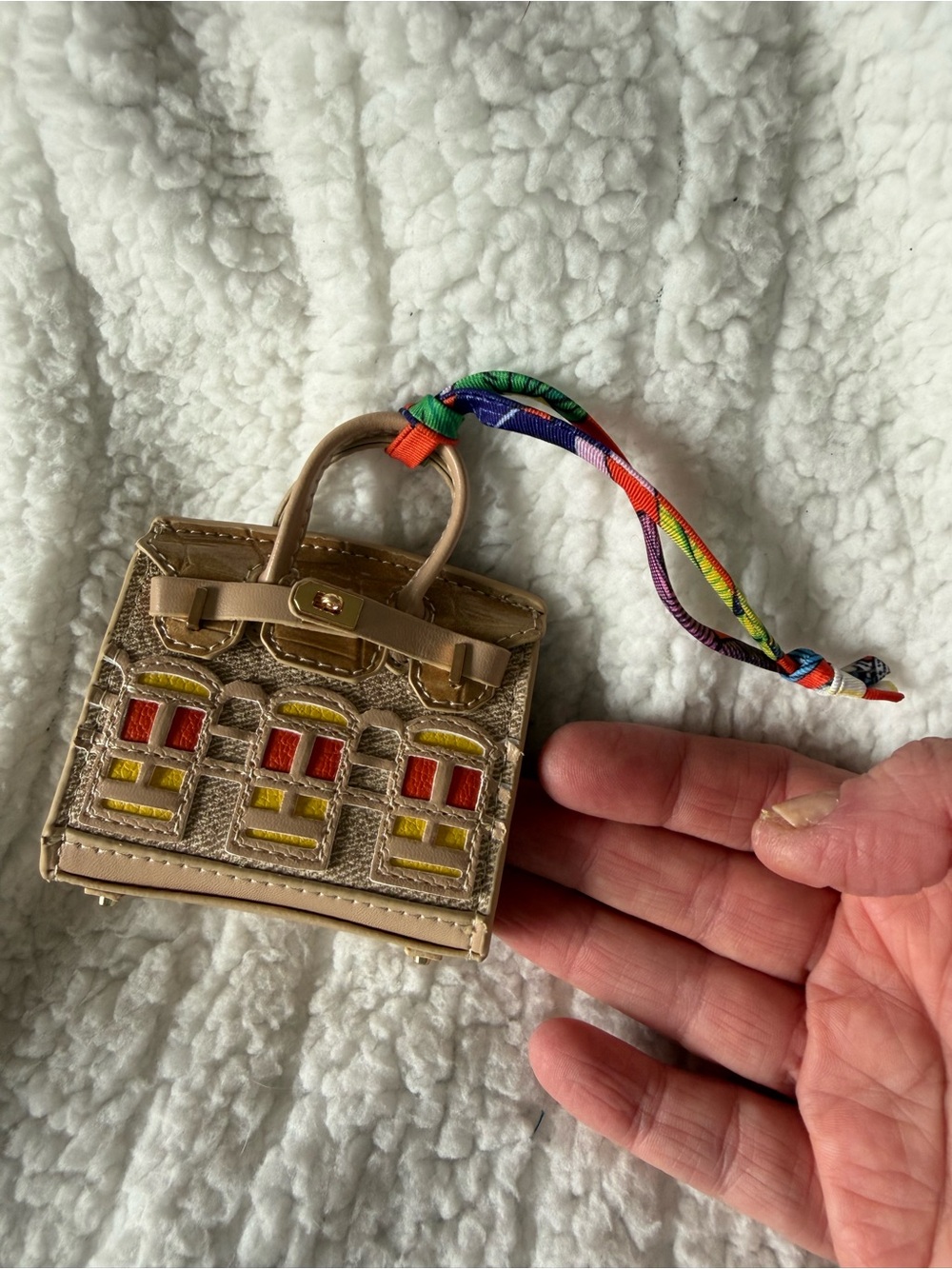 H Brand Designer Inspired Beige Miniature Airpod Case with Multicolor Scarf